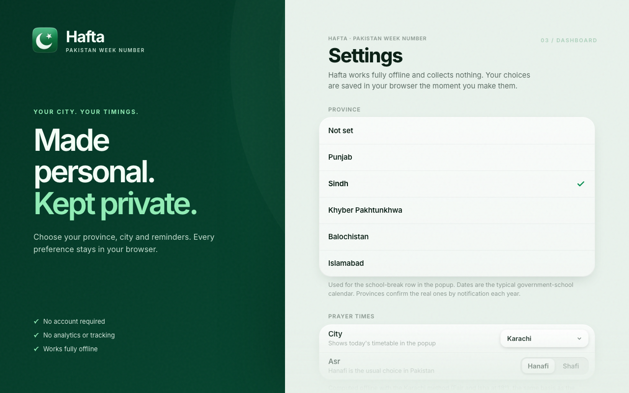 Hafta settings for city, region, Asr method, reminders, badge format, and theme.