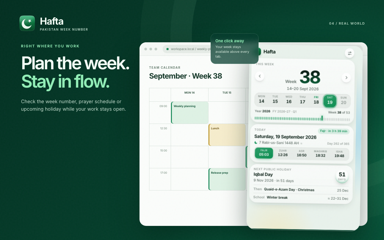 Hafta in Chrome as a weekly planning companion for life in Pakistan.